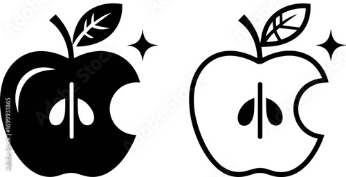 Illustrative Icons Representing a Freshly Bitten Apple in Both Solid Black and Outline Styles With Sparkling Accents