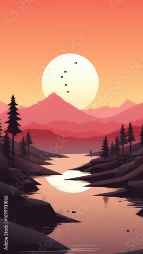 A serene sunset landscape illustration with a low-angle view, capturing mountains, trees, and a river. Ideal for a calming video backdrop. Live mobile wallpaper.