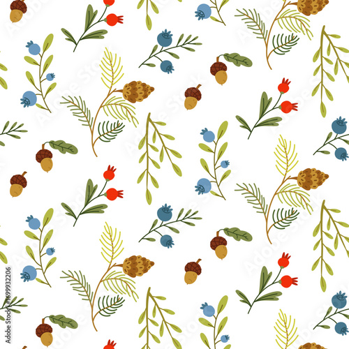 Forest plant pattern. Flat color seamless texture. Acorns, blueberries, cranberries, green branch, spruce branch with a cone. Design for packaging. Picnic, camping, walking in the forest