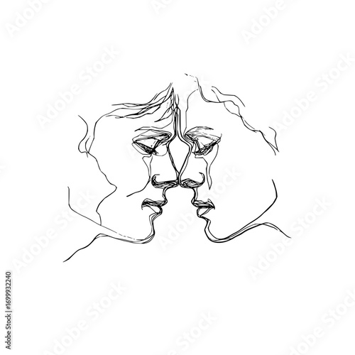 Two faces drawn with continuous lines showing a close proximity in a black and white illustration