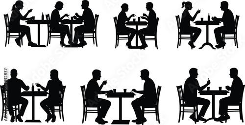 Silhouette of couples and friends sitting at café table, talking, drinking, socializing, vector illustration for restaurant, bar, communication design