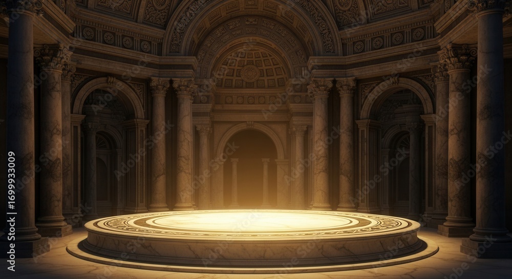 Obraz premium An illuminated marble circular platform stands within an ornate columned hall featuring arches intricate ceiling patterns and classical architectural elements under soft light