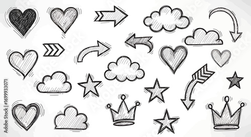 Hand-Drawn Doodle Sketch Icons – Hearts, Stars, Arrows, Clouds & Crowns