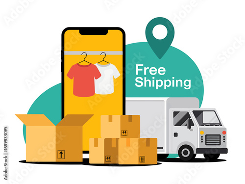 E-commerce Free Shipping Delivery with Boxes and Truck
