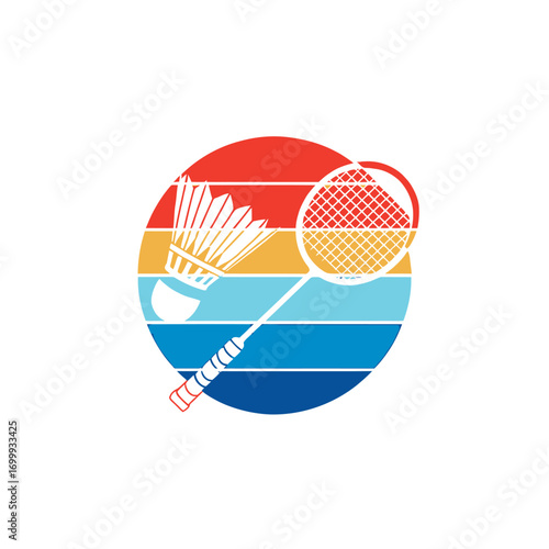 Retro Badminton Racket and Shuttlecock Icon with Sunset Gradient Circle Design
