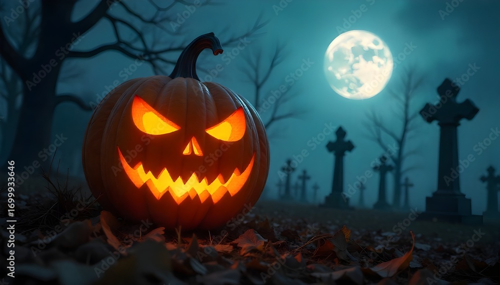 Naklejka premium Spooky glowing jack-o'-lantern illuminates a misty graveyard under a full moon, perfect for Halloween celebrations
