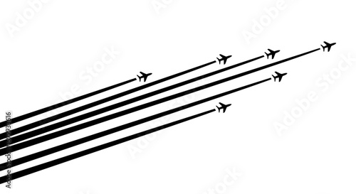 A group of airplane silhouettes flying diagonally in formation with trails. A minimal black and white vector illustration symbolizing travel and progress.