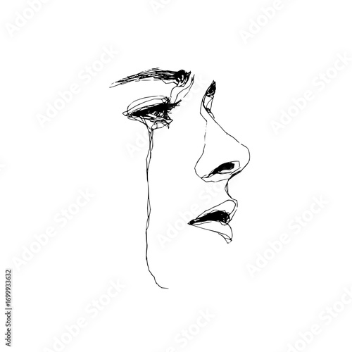 Sketch of a woman's face in profile with tears streaming down her cheek in a minimalistic style drawing