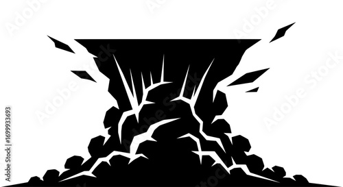 A dynamic black and white vector illustration of a powerful ground impact. The earth shatters and cracks, creating an explosive effect with debris and rocks.