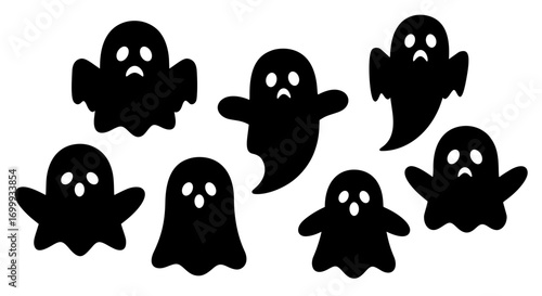 A collection of sad and spooky ghost silhouettes. Isolated black vector characters are perfect for Halloween party invitations, scary decorations, and haunted designs.