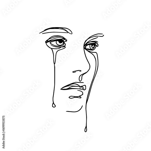 Single line art of a weeping face with tears streaming down in a minimalist black and white drawing style