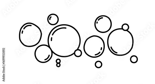 Simple hand-drawn line art of soap bubbles floating together. An isolated black outline illustration perfect for cleaning, bath time, and fizzy drink concepts.
