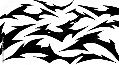 Abstract black and white pattern with a chaotic swarm of sharp, gothic bat-like shapes. Ideal vector art for edgy backgrounds, tattoos, and Halloween themes.