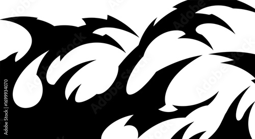 An aggressive black and white abstract background featuring spiky, thorny flame-like shapes with a subtle 3D shadow effect. Represents dark energy or evil.