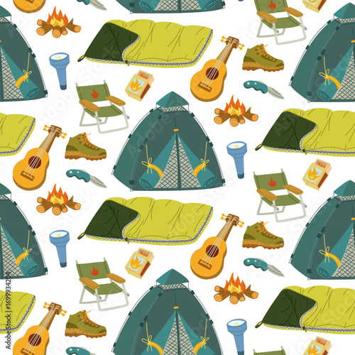 Pattern of camping supplies. Flat color seamless texture. Tent, sleeping bag, guitar, folding chair, matches, flashlight, knife. Design for packaging. Picnic, camping, walking in the forest
