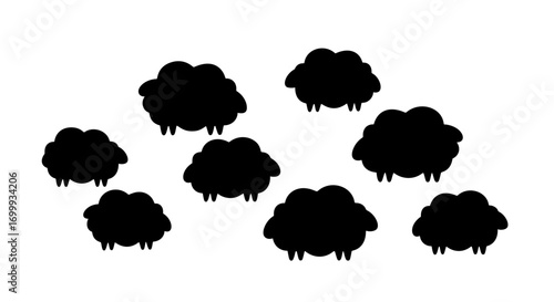 A simple vector illustration of a flock of cute black sheep silhouettes. Adorable cartoon farm animals isolated on a white background for easy use.