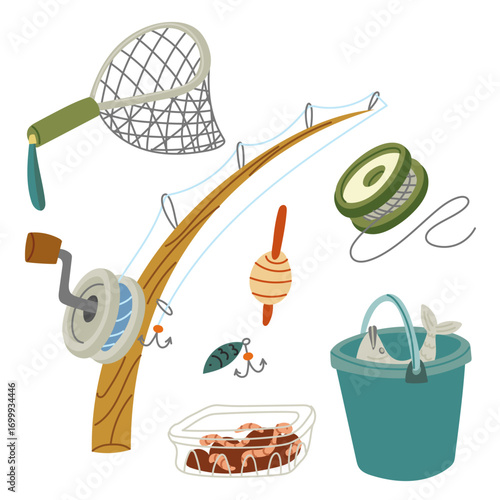 Fishing set. Flat color isolated illustration. Fishing net, wooden fishing rod, float, lure, reel of fishing line, box of worms, bucket with fish. Items for fishing, traveling, hiking, and picnicking