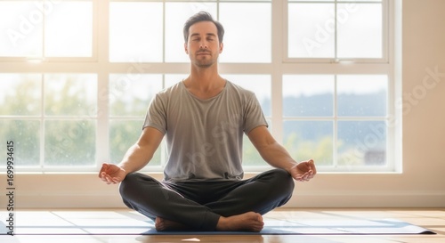 Man meditates cross-legged on a blue mat eyes closed in a bright room by a large window