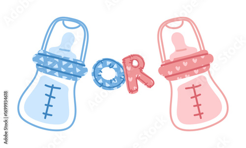 Banner for a gender party. Pink and blue bottles with colored milk on white. Babies. Flat color illustration of items related to a boy or a girl. Determining the gender of a child. Food