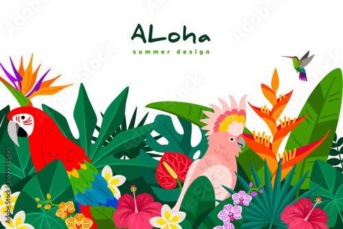 Tropic leaves landscape with parrots. Red ara macaw and cockatoo in palm tree foliage greenery, hibiscus flower, strelitzia. Vector flat illustration. Rainforest jungle leaves, floral background