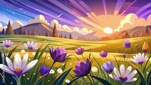 Enchanting panoramic grassland landscape featuring purple and white wildflowers. Close-up petals glisten under soft golden rays, evoking calm feelings, natural perfection, and the quiet wonder of peac