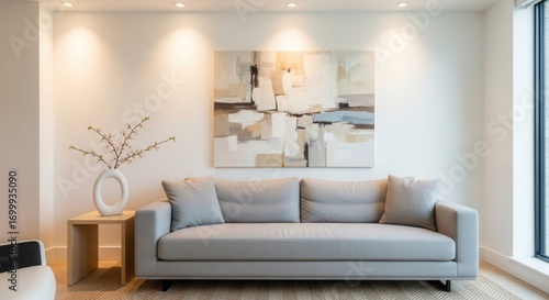 Modern living room grey sofa abstract painting wood side table white vase with flowering branches recessed lighting
