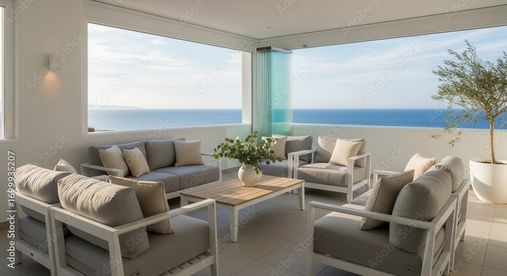 Obraz premium Modern patio with white-framed outdoor lounge furniture light wood coffee table potted plant and a clear blue ocean vista under a bright sky