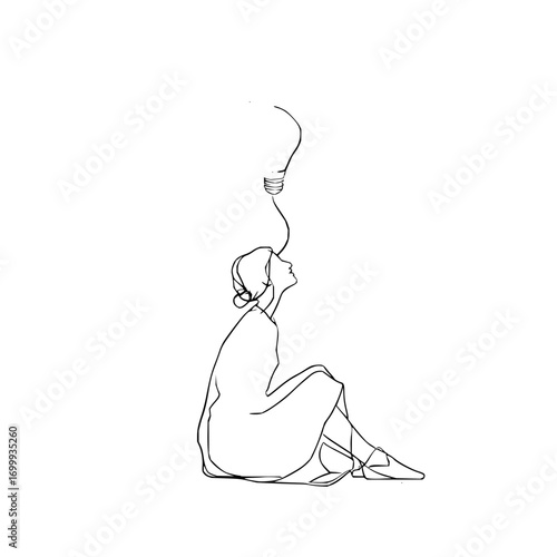 Woman sitting looking up at a lightbulb connected to her head in a minimalist line drawing style illustration