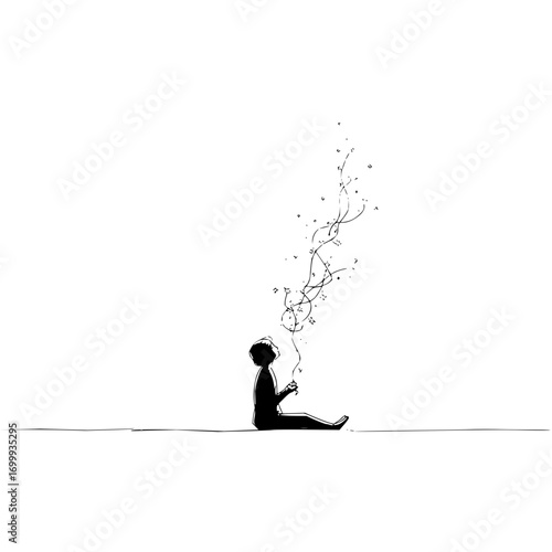 Silhouette of a person sitting with musical notes floating above them in a minimalist black and white drawing