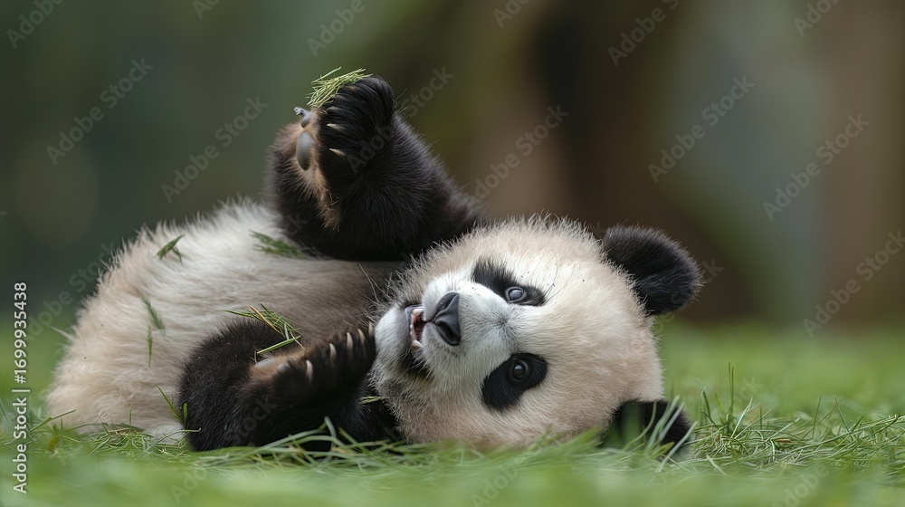 Obraz premium Cute Giant Panda Cub Playing With Bamboo Leaves On Grass, Adorable Natural Scene