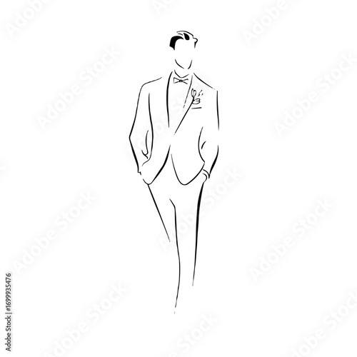 Elegant man in tuxedo walking in minimalist fashion sketch