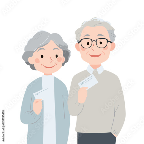 Elderly couple smiling and holding cards on white background