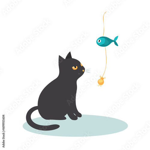 Black Cat Sitting and Staring at Fish Toy Vector Illustration | Pet Playtime and Cute Kitten