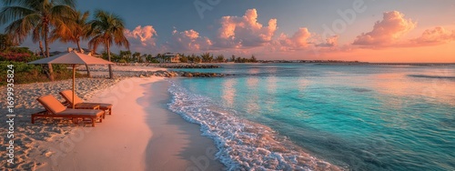 Wallpaper Mural Scenic panoramic beach view at sunset with lounge chairs, palm trees, and calm turquoise water Torontodigital.ca