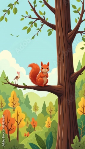 Colorful cartoon illustration of a cute red squirrel sitting on a tree branch in a vibrant autumn forest with trees and birds under a bright sky