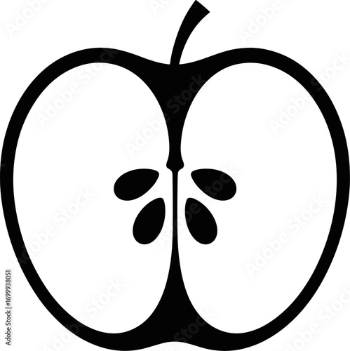 A Simple Black and White Silhouette of a Half Apple Revealing Its Inner Structure with Visible Seeds and Core Detailed by Crisp Lines and Sharp Edges Representing the Essential Elements of the Fruit