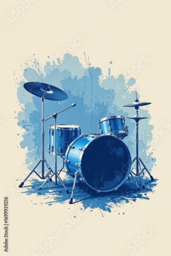 Detailed image of a bright blue drum set featu a bass drum, snare drum, tom drums, hi-hat, and cymbals with blue paint splashes in the background