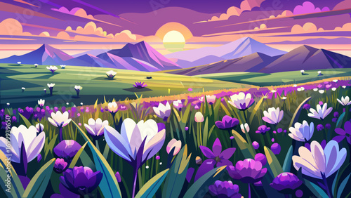 Vast panoramic grassland alive with purple and white flowers. Close-up details show radiant blossoms shining like jewels, whispering stories of freedom, tranquility, and the timeless artistry of natur