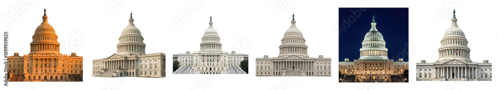 Obraz premium United States Capitol Building set including day, sunset, and night views isolated. Symbol of American government and democracy.