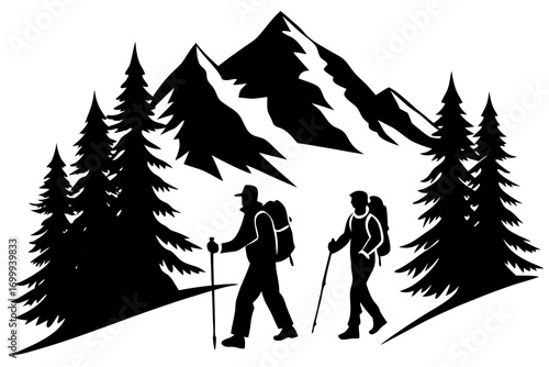 People hiking with sticks on snowy mountain trail, pine forest and frozen peaks, silhouette vector illustration