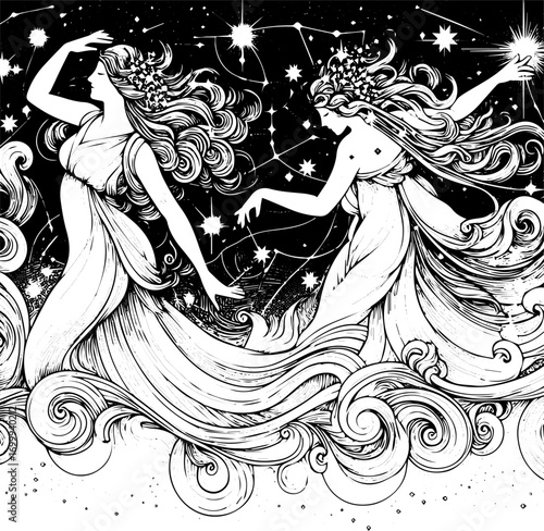 Two ethereal women dancing among stars in a cosmic background  