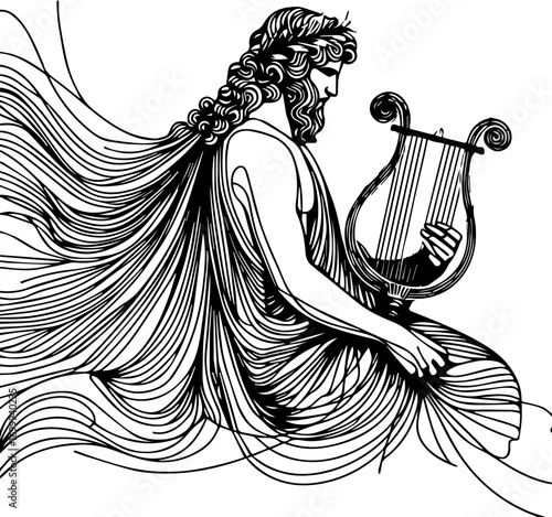 Classical musician playing the lyre with flowing hair and robes  