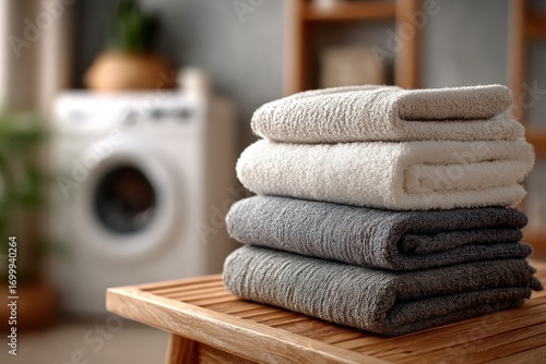 Stacked folded bath towels in varying shades on a wooden surface with a washing machine blurred in the background