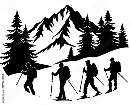 People hiking with sticks on snowy mountain trail, pine forest and frozen peaks, silhouette vector illustration