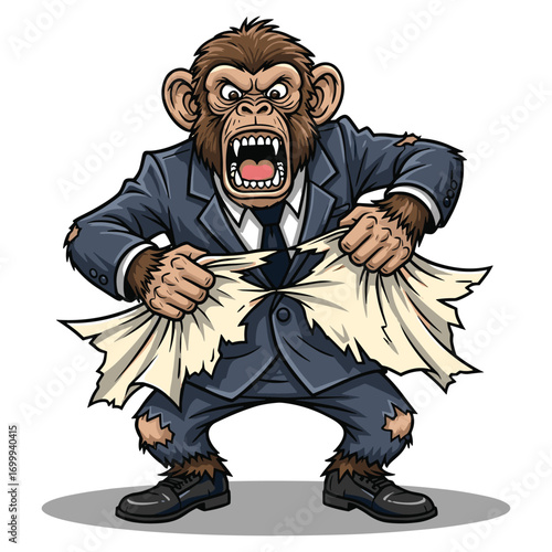 Aggressive monkey businessman ripping shirt cartoon character for creative marketing advertising