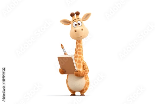 A giraffe holding a paintbrush and painting stars on a school notebook, 3d animation, isolated on a white background