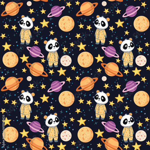 Cute panda in pajamas on the background of dreamy night sky,