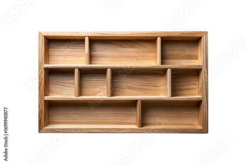 Wooden compartment display shelf isolated on white background