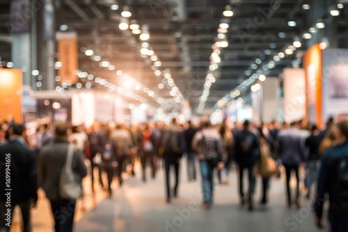 Background of an expo or convention with blurred individuals in an exposition hall. Concept image for a international exhibition, conference center, corporate marketing, or event fair. High quality