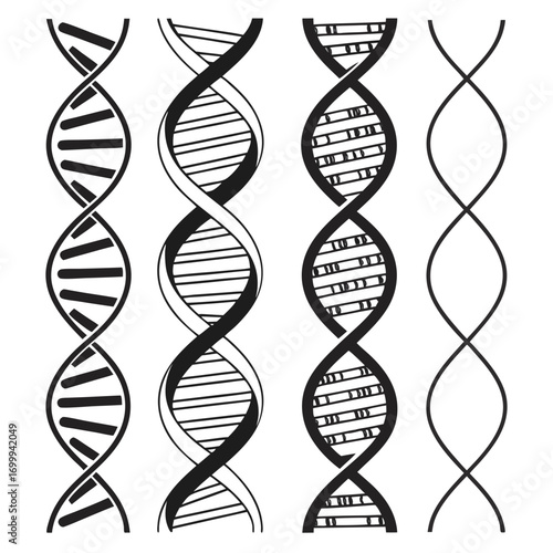 A collection of four stylized black and white representations of the dna double helix structure showcasing different levels of detail and artistic interpretation on a clean white background